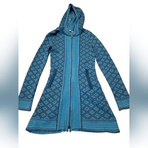 ATHLETA Size XXS Spooner Summit Sweater Green Blue Nordic Print Long Wool Blend